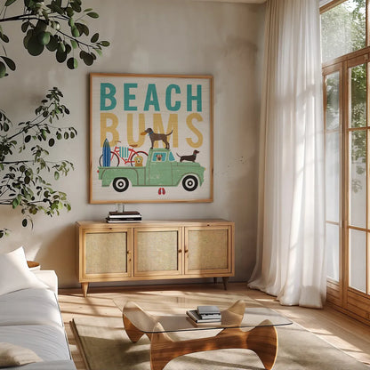 Beach Bums Truck I square by Michael Mullan. Shown in a natural wood frame in a cozy modern living room. Available as an archival giclee rolled canvas, fine art paper, or poster print. SKU 23268a.