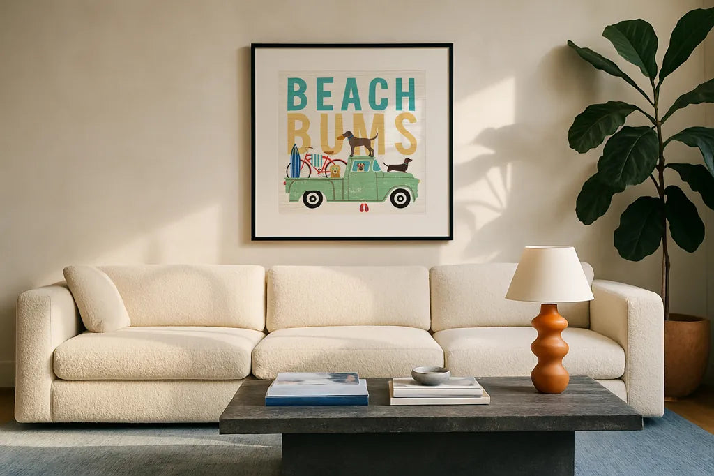 Beach Bums Truck I square by Michael Mullan. Displayed in a glass frame with matte in a clean modern living room. Available as an archival giclee rolled canvas, fine art paper, or poster print. SKU 23268a.