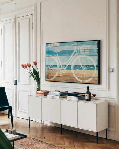 Beachscape Cruiser I by Michael Mullan. shown as a framed stretched canvas in a living room above a console. Available as a archival giclee rolled canvas, fine art paper, or poster print. SKU 23114i.