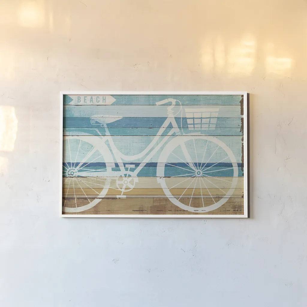 Beachscape Cruiser I by Michael Mullan. shown as a paper print in a white frame. Available as a archival giclee rolled canvas, fine art paper, or poster print. SKU 23114i.