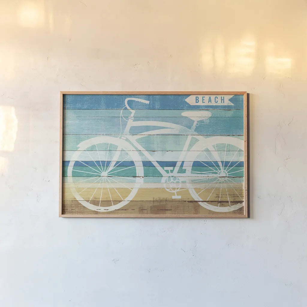 Beachscape Cruiser II by Michael Mullan. shown as a paper print in a natural frame. Available as a archival giclee rolled canvas, fine art paper, or poster print. SKU 23115i.