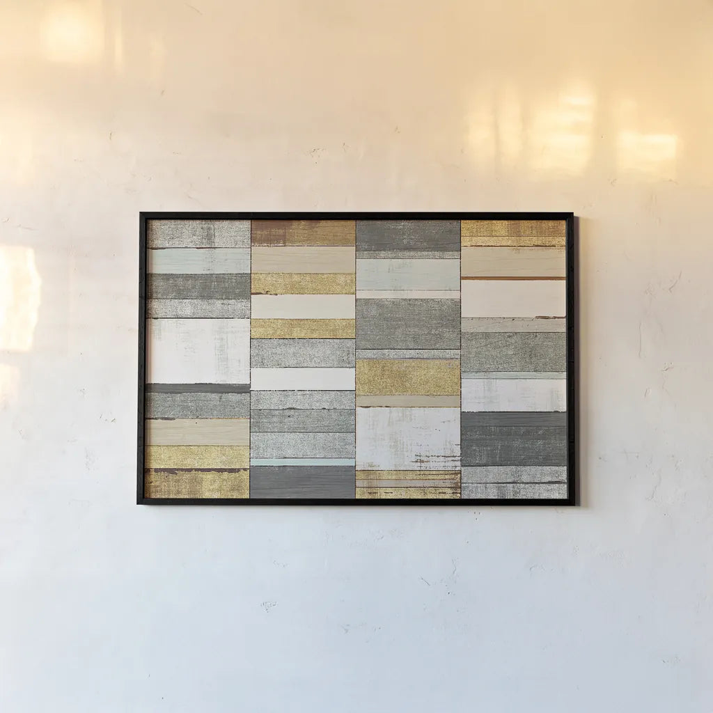 Beachscape I Gold Neutral by Michael Mullan. shown as a paper print in a black flame. Available as a archival giclee rolled canvas, fine art paper, or poster print. SKU 23122i.