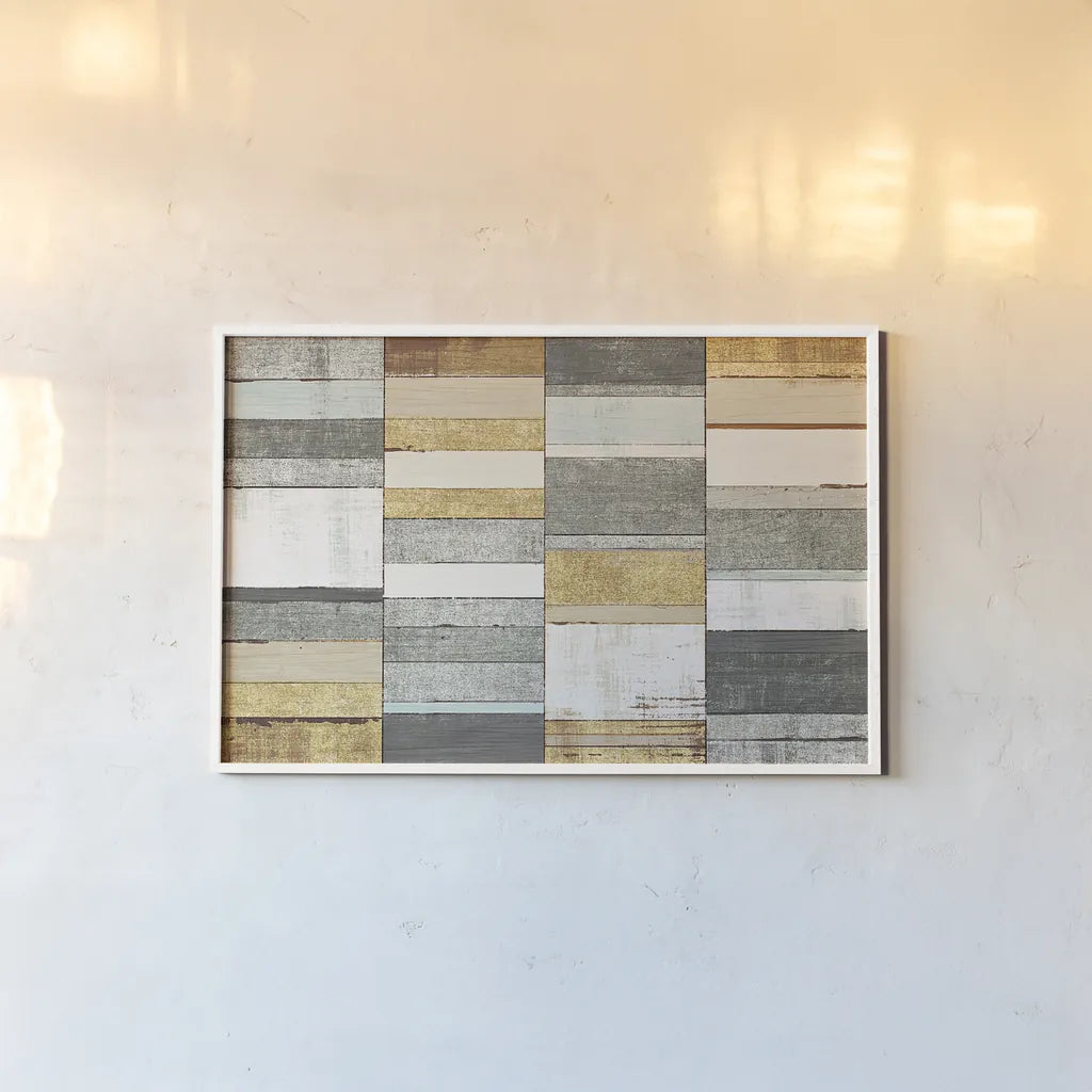 Beachscape I Gold Neutral by Michael Mullan. shown as a paper print in a white frame. Available as a archival giclee rolled canvas, fine art paper, or poster print. SKU 23122i.