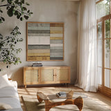 Beachscape II Gold Neutral by Michael Mullan. Shown in a natural wood frame in a cozy modern living room. Available as an archival giclee rolled canvas, fine art paper, or poster print. SKU 23123a.