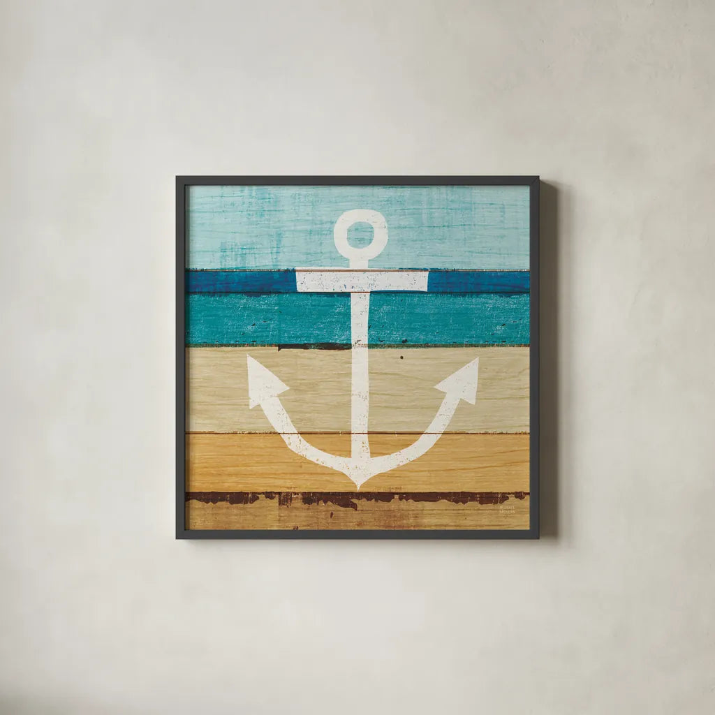Beachscape III Anchor by Michael Mullan. Shown in a sleek black glass frame for a contemporary gallery look. Available as an archival giclee rolled canvas, fine art paper, or poster print. SKU 23130a.