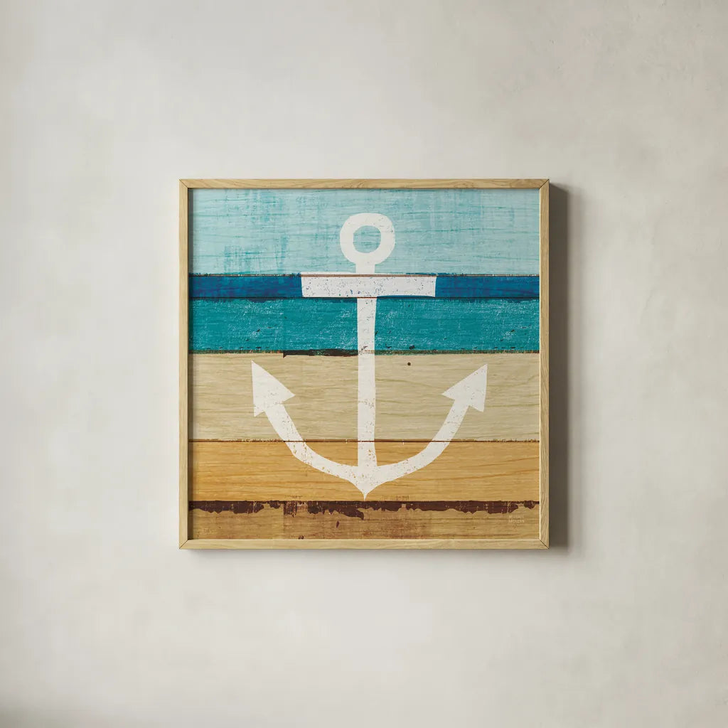 Beachscape III Anchor by Michael Mullan. Shown in a natural wood glass frame for a timeless modern aesthetic. Available as an archival giclee rolled canvas, fine art paper, or poster print. SKU 23130a.