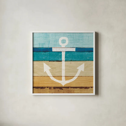 Beachscape III Anchor by Michael Mullan. Shown in a crisp white glass frame for a clean and minimalist style. Available as an archival giclee rolled canvas, fine art paper, or poster print. SKU 23130a.