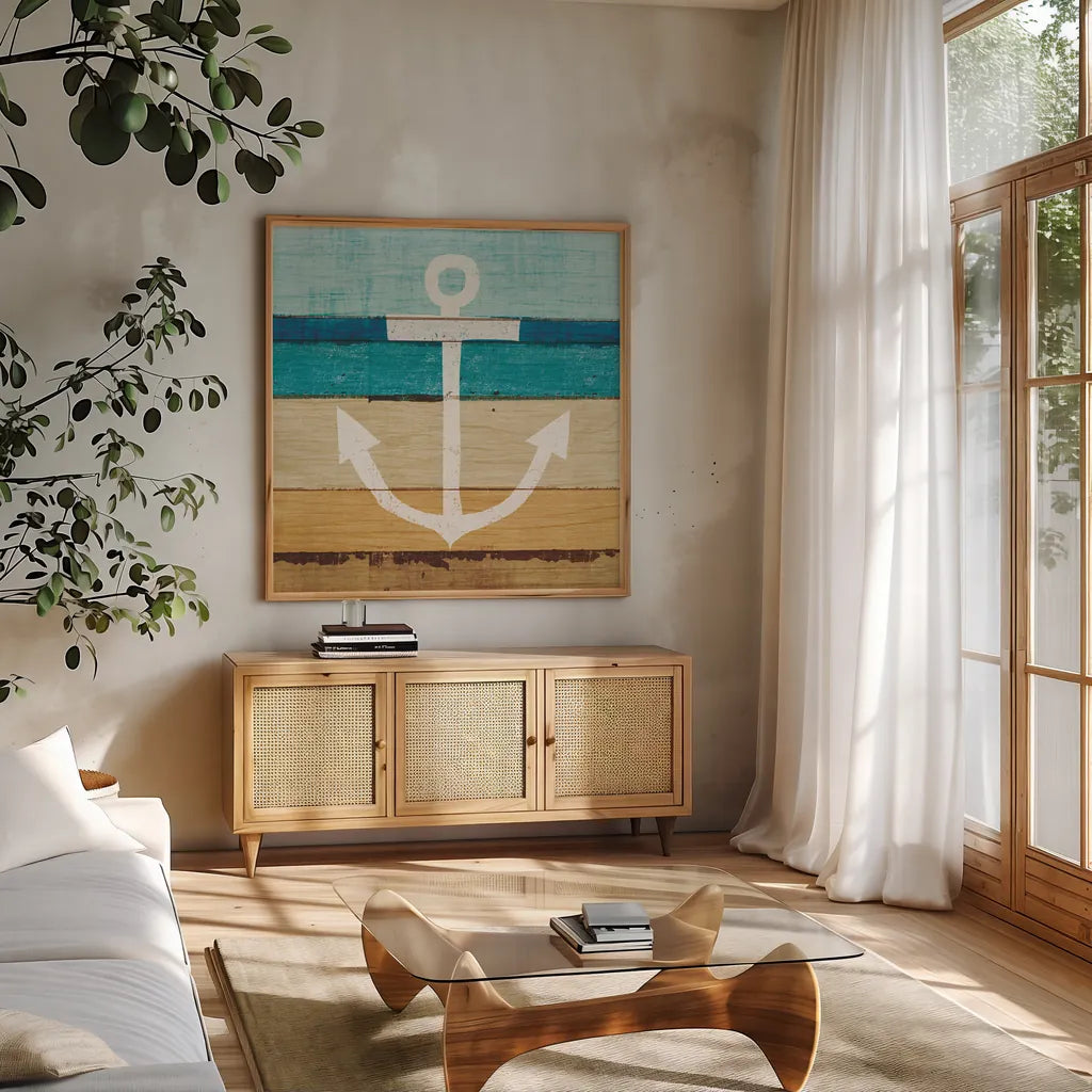 Beachscape III Anchor by Michael Mullan. Shown in a natural wood frame in a cozy modern living room. Available as an archival giclee rolled canvas, fine art paper, or poster print. SKU 23130a.