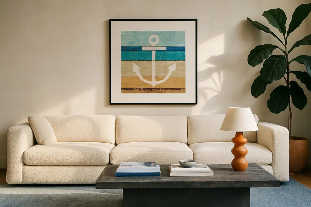Beachscape III Anchor by Michael Mullan. Displayed in a glass frame with matte in a clean modern living room. Available as an archival giclee rolled canvas, fine art paper, or poster print. SKU 23130a.