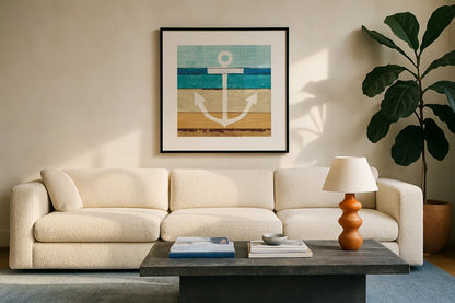 Beachscape III Anchor by Michael Mullan. Displayed in a glass frame with matte in a clean modern living room. Available as an archival giclee rolled canvas, fine art paper, or poster print. SKU 23130a.