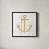 Beachscape III Anchor Gold Neutral by Michael Mullan. Shown in a sleek black glass frame for a contemporary gallery look. Available as an archival giclee rolled canvas, fine art paper, or poster print. SKU 23136a.
