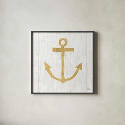 Beachscape III Anchor Gold Neutral by Michael Mullan. Shown in a sleek black glass frame for a contemporary gallery look. Available as an archival giclee rolled canvas, fine art paper, or poster print. SKU 23136a.