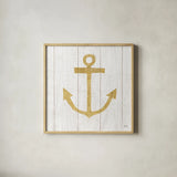 Beachscape III Anchor Gold Neutral by Michael Mullan. Shown in a natural wood glass frame for a timeless modern aesthetic. Available as an archival giclee rolled canvas, fine art paper, or poster print. SKU 23136a.