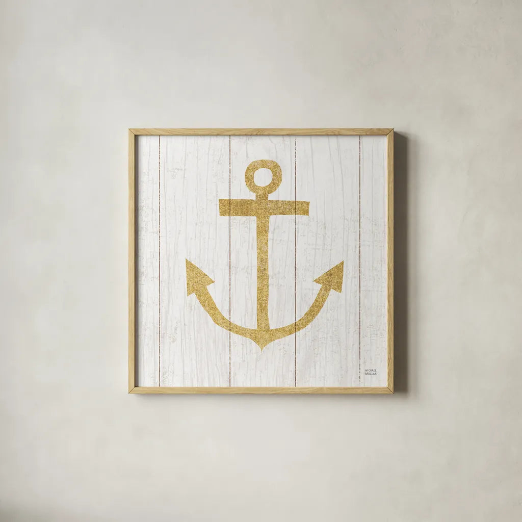 Beachscape III Anchor Gold Neutral by Michael Mullan. Shown in a natural wood glass frame for a timeless modern aesthetic. Available as an archival giclee rolled canvas, fine art paper, or poster print. SKU 23136a.