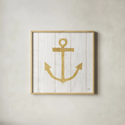 Beachscape III Anchor Gold Neutral by Michael Mullan. Shown in a natural wood glass frame for a timeless modern aesthetic. Available as an archival giclee rolled canvas, fine art paper, or poster print. SKU 23136a.