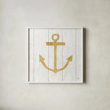 Beachscape III Anchor Gold Neutral by Michael Mullan. Shown in a crisp white glass frame for a clean and minimalist style. Available as an archival giclee rolled canvas, fine art paper, or poster print. SKU 23136a.