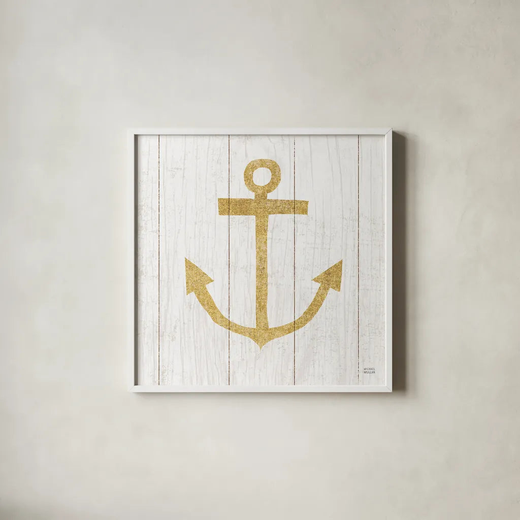 Beachscape III Anchor Gold Neutral by Michael Mullan. Shown in a crisp white glass frame for a clean and minimalist style. Available as an archival giclee rolled canvas, fine art paper, or poster print. SKU 23136a.