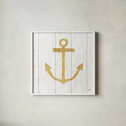 Beachscape III Anchor Gold Neutral by Michael Mullan. Shown in a crisp white glass frame for a clean and minimalist style. Available as an archival giclee rolled canvas, fine art paper, or poster print. SKU 23136a.