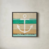 Beachscape III Anchor Green by Michael Mullan. Shown in a sleek black glass frame for a contemporary gallery look. Available as an archival giclee rolled canvas, fine art paper, or poster print. SKU 63519a.