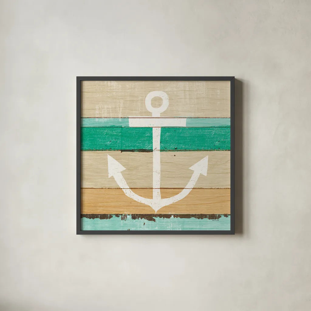 Beachscape III Anchor Green by Michael Mullan. Shown in a sleek black glass frame for a contemporary gallery look. Available as an archival giclee rolled canvas, fine art paper, or poster print. SKU 63519a.