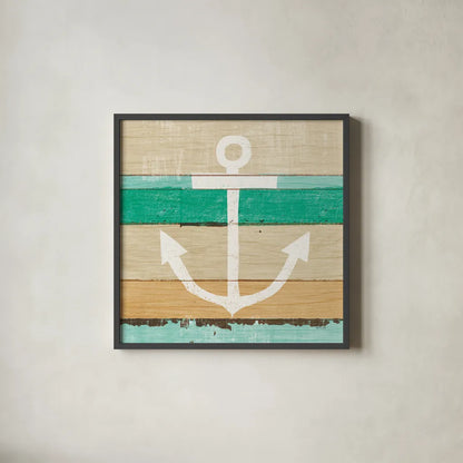 Beachscape III Anchor Green by Michael Mullan. Shown in a sleek black glass frame for a contemporary gallery look. Available as an archival giclee rolled canvas, fine art paper, or poster print. SKU 63519a.