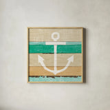 Beachscape III Anchor Green by Michael Mullan. Shown in a natural wood glass frame for a timeless modern aesthetic. Available as an archival giclee rolled canvas, fine art paper, or poster print. SKU 63519a.