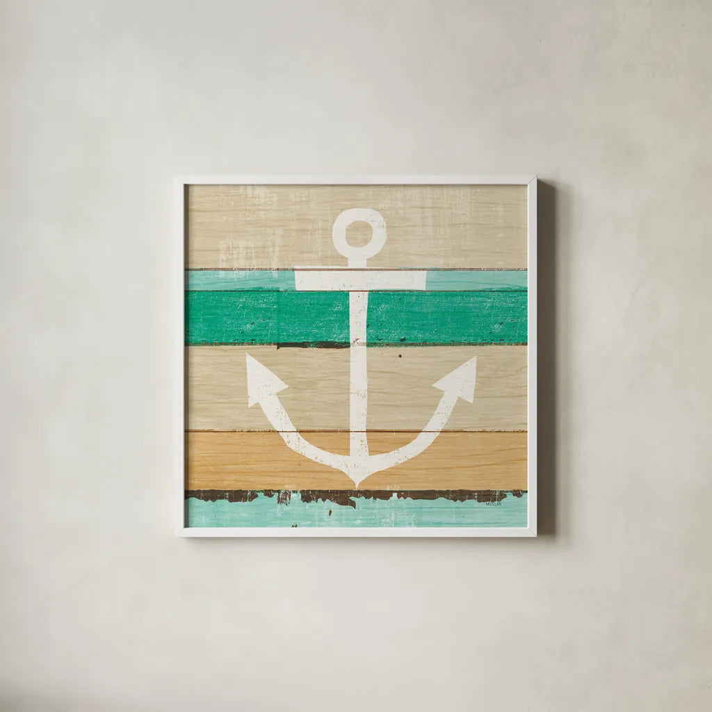 Beachscape III Anchor Green by Michael Mullan. Shown in a crisp white glass frame for a clean and minimalist style. Available as an archival giclee rolled canvas, fine art paper, or poster print. SKU 63519a.