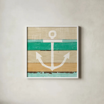 Beachscape III Anchor Green by Michael Mullan. Shown in a crisp white glass frame for a clean and minimalist style. Available as an archival giclee rolled canvas, fine art paper, or poster print. SKU 63519a.