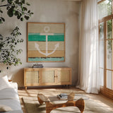 Beachscape III Anchor Green by Michael Mullan. Shown in a natural wood frame in a cozy modern living room. Available as an archival giclee rolled canvas, fine art paper, or poster print. SKU 63519a.