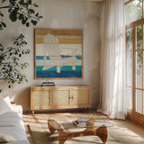 Beachscape IV by Michael Mullan. Shown in a natural wood frame in a cozy modern living room. Available as an archival giclee rolled canvas, fine art paper, or poster print. SKU 44869a.