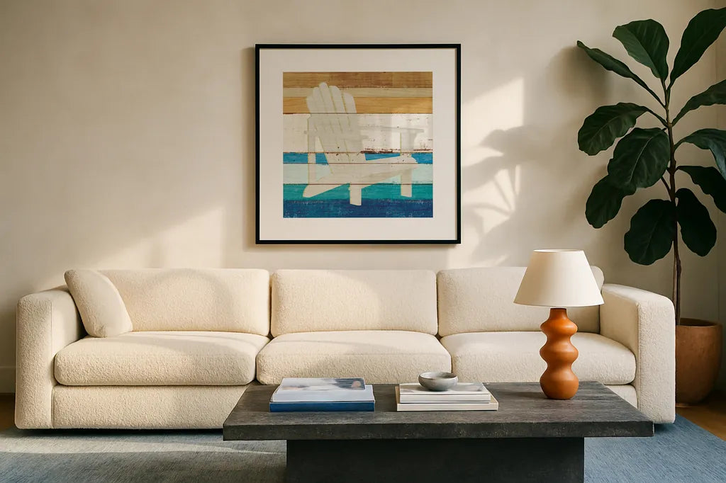 Beachscape IV by Michael Mullan. Displayed in a glass frame with matte in a clean modern living room. Available as an archival giclee rolled canvas, fine art paper, or poster print. SKU 44869a.