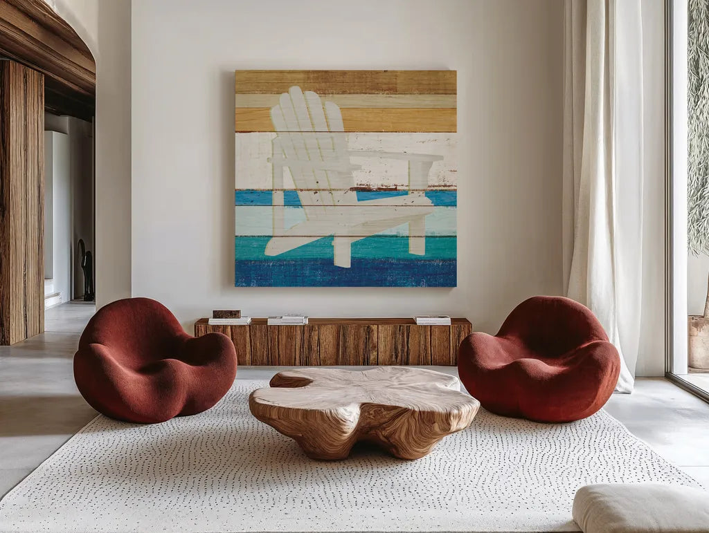 Beachscape IV by Michael Mullan. Shown as extra-large giant wall art in a modern living room. Available as an archival giclee rolled canvas, fine art paper, or poster print. SKU 44869a.