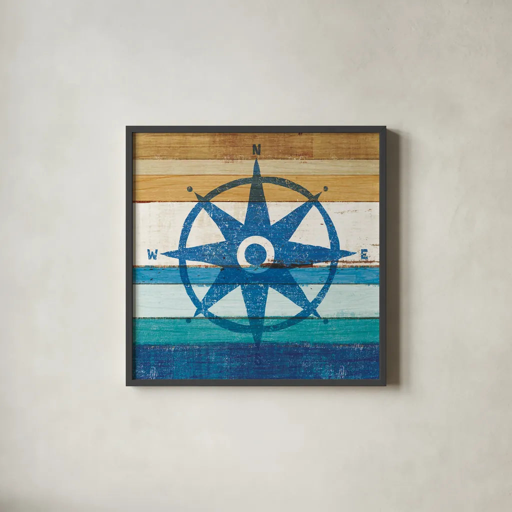Beachscape IV Compass by Michael Mullan. Shown in a sleek black glass frame for a contemporary gallery look. Available as an archival giclee rolled canvas, fine art paper, or poster print. SKU 23131a.