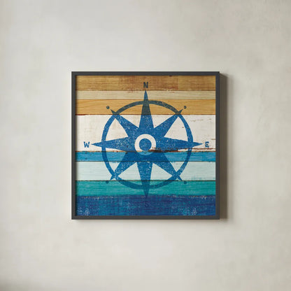 Beachscape IV Compass by Michael Mullan. Shown in a sleek black glass frame for a contemporary gallery look. Available as an archival giclee rolled canvas, fine art paper, or poster print. SKU 23131a.