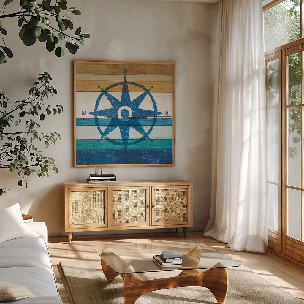 Beachscape IV Compass by Michael Mullan. Shown in a natural wood frame in a cozy modern living room. Available as an archival giclee rolled canvas, fine art paper, or poster print. SKU 23131a.