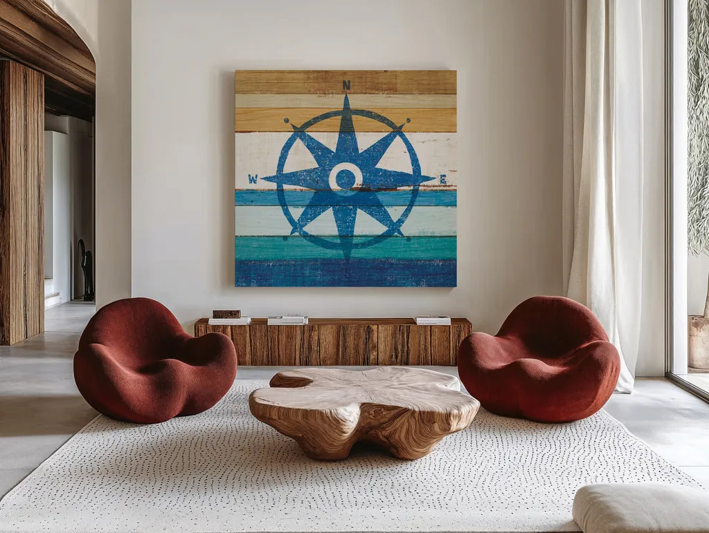 Beachscape IV Compass by Michael Mullan. Shown as extra-large giant wall art in a modern living room. Available as an archival giclee rolled canvas, fine art paper, or poster print. SKU 23131a.