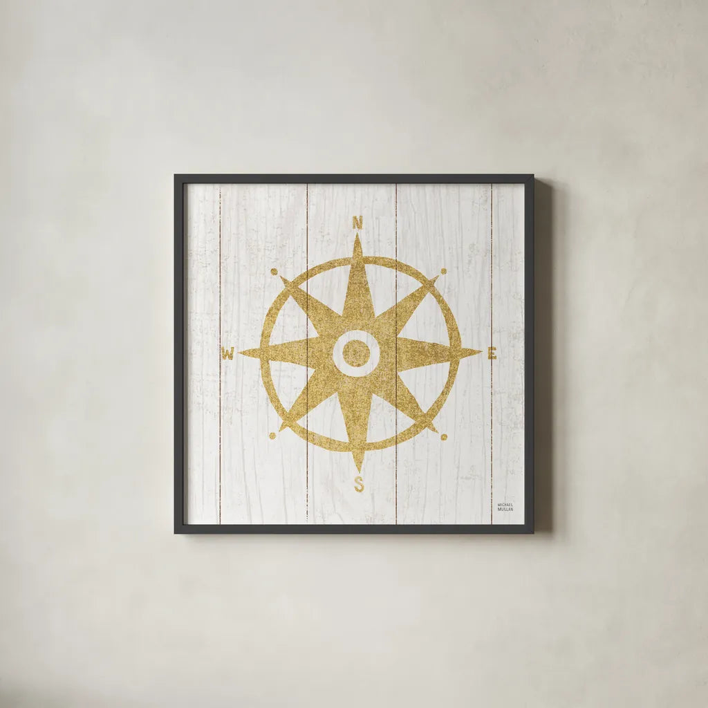 Beachscape IV Compass Gold Neutral by Michael Mullan. Shown in a sleek black glass frame for a contemporary gallery look. Available as an archival giclee rolled canvas, fine art paper, or poster print. SKU 23137a.