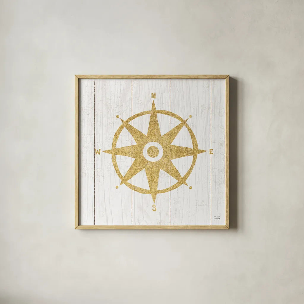 Beachscape IV Compass Gold Neutral by Michael Mullan. Shown in a natural wood glass frame for a timeless modern aesthetic. Available as an archival giclee rolled canvas, fine art paper, or poster print. SKU 23137a.