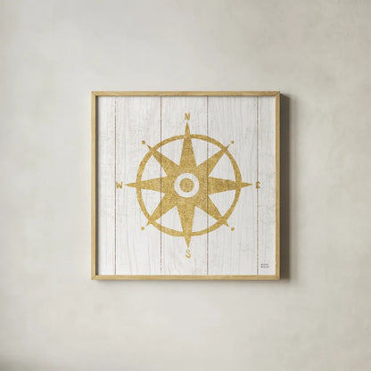 Beachscape IV Compass Gold Neutral by Michael Mullan. Shown in a natural wood glass frame for a timeless modern aesthetic. Available as an archival giclee rolled canvas, fine art paper, or poster print. SKU 23137a.