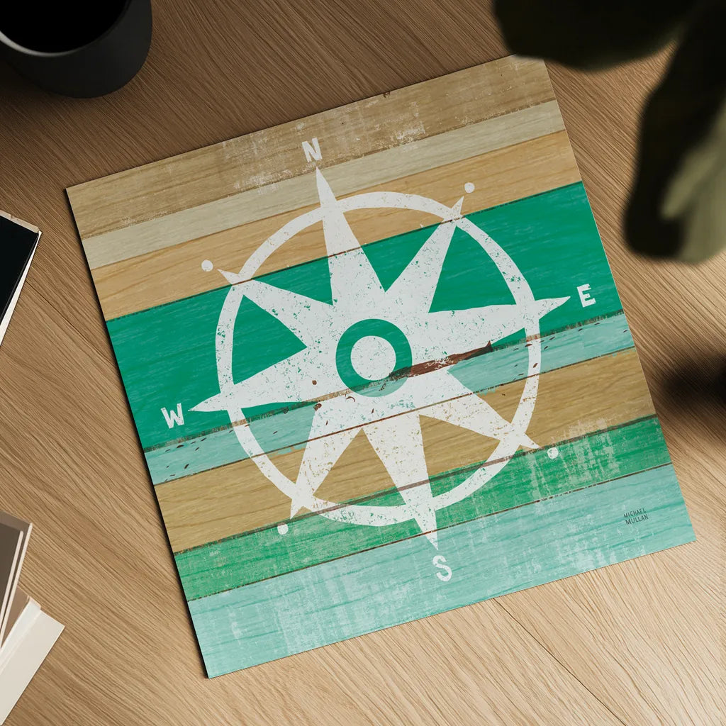 Beachscape IV Compass Green by Michael Mullan. Shown as a detailed flat fine art print, highlighting archival giclee quality. Available as an archival giclee rolled canvas, fine art paper, or poster print. SKU 63520a.