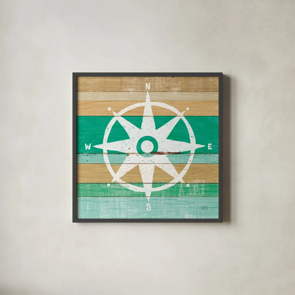Beachscape IV Compass Green by Michael Mullan. Shown in a sleek black glass frame for a contemporary gallery look. Available as an archival giclee rolled canvas, fine art paper, or poster print. SKU 63520a.