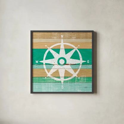 Beachscape IV Compass Green by Michael Mullan. Shown in a sleek black glass frame for a contemporary gallery look. Available as an archival giclee rolled canvas, fine art paper, or poster print. SKU 63520a.