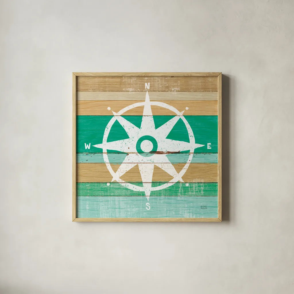 Beachscape IV Compass Green by Michael Mullan. Shown in a natural wood glass frame for a timeless modern aesthetic. Available as an archival giclee rolled canvas, fine art paper, or poster print. SKU 63520a.
