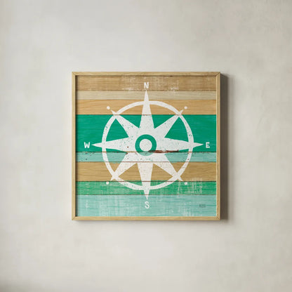Beachscape IV Compass Green by Michael Mullan. Shown in a natural wood glass frame for a timeless modern aesthetic. Available as an archival giclee rolled canvas, fine art paper, or poster print. SKU 63520a.