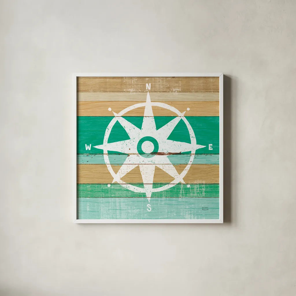 Beachscape IV Compass Green by Michael Mullan. Shown in a crisp white glass frame for a clean and minimalist style. Available as an archival giclee rolled canvas, fine art paper, or poster print. SKU 63520a.