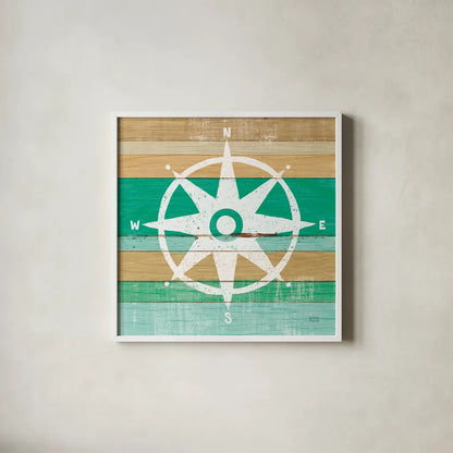 Beachscape IV Compass Green by Michael Mullan. Shown in a crisp white glass frame for a clean and minimalist style. Available as an archival giclee rolled canvas, fine art paper, or poster print. SKU 63520a.