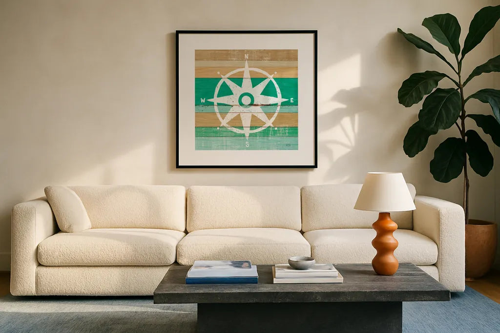 Beachscape IV Compass Green by Michael Mullan. Displayed in a glass frame with matte in a clean modern living room. Available as an archival giclee rolled canvas, fine art paper, or poster print. SKU 63520a.