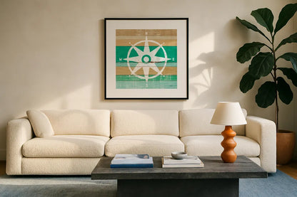 Beachscape IV Compass Green by Michael Mullan. Displayed in a glass frame with matte in a clean modern living room. Available as an archival giclee rolled canvas, fine art paper, or poster print. SKU 63520a.