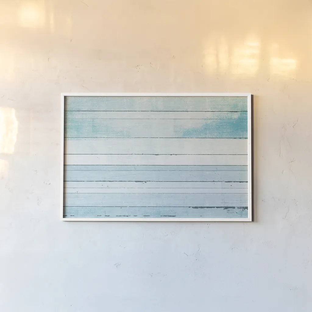 Beachscape IX blue by Michael Mullan. shown as a paper print in a white frame. Available as a archival giclee rolled canvas, fine art paper, or poster print. SKU 44984i.