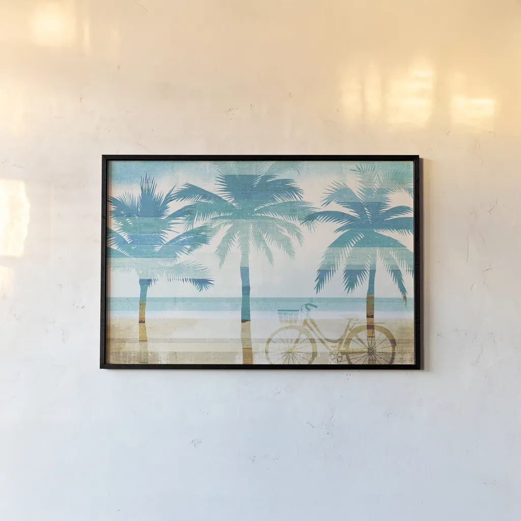 Beachscape Palms I by Michael Mullan. shown as a paper print in a black flame. Available as a archival giclee rolled canvas, fine art paper, or poster print. SKU 23152i.